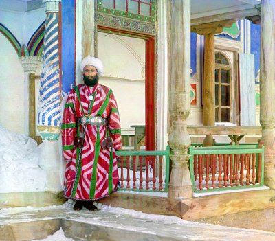 Bukhara Bureaucrat in Front of a Building, Russian Empire, between 1905-15 by Sergey Prokudin Gorsky